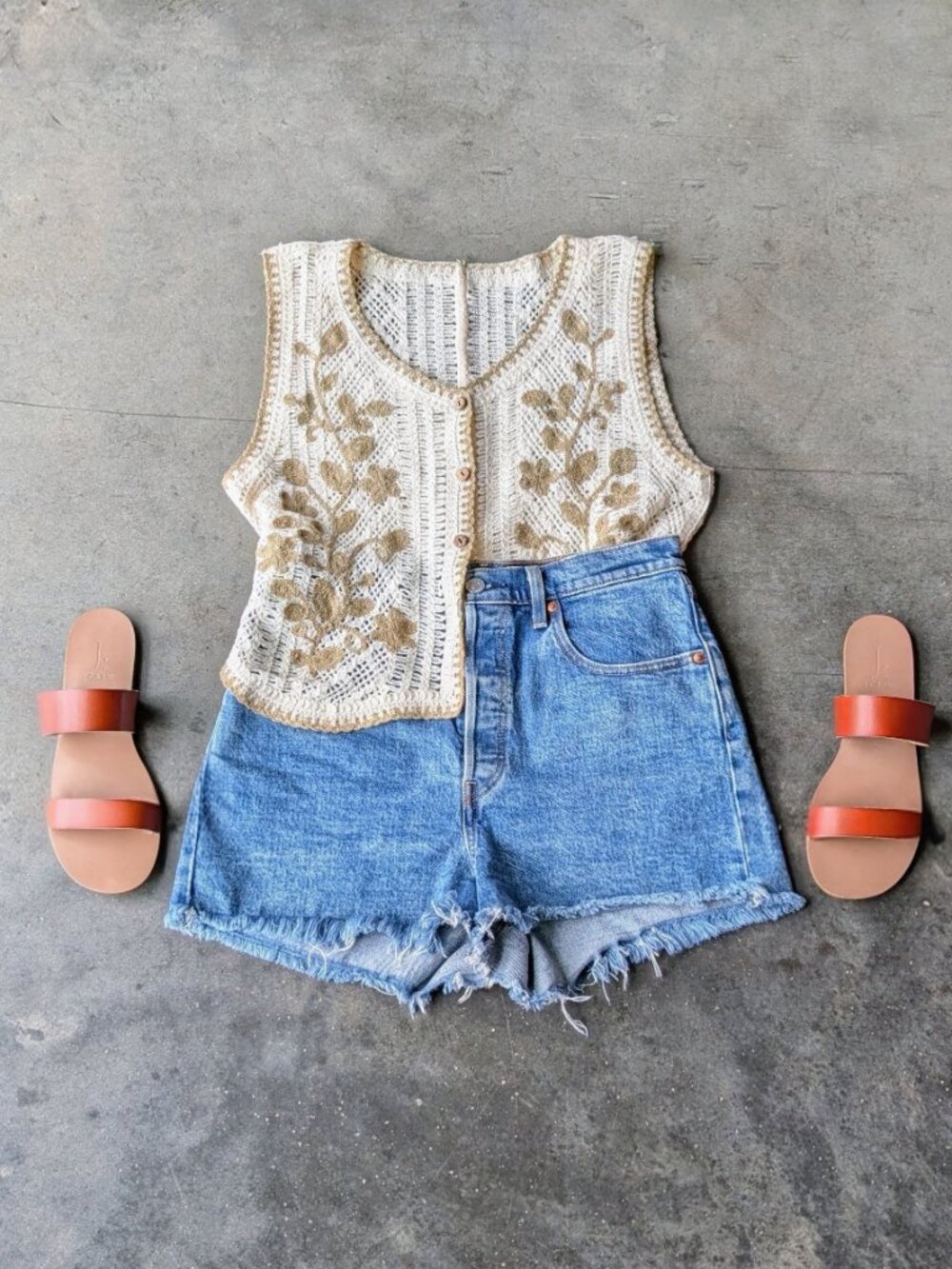Coastal Cowgirl Western Boho Ivory and Brown Floral Crochet Knit Vest